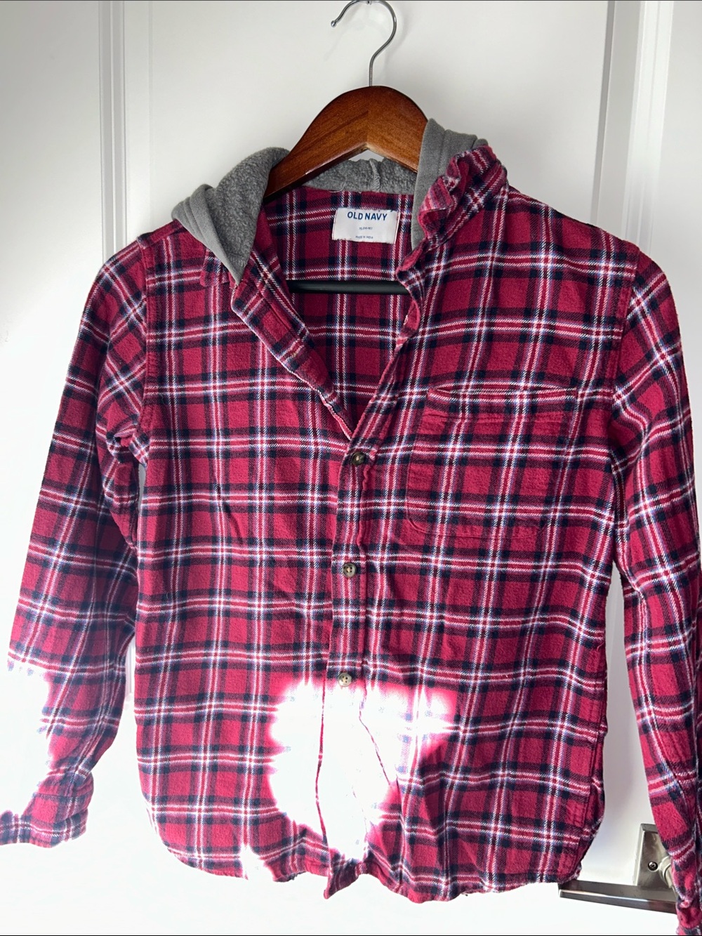 Girls Old Navy Red Plaid Hooded Button-Down Shirt with Gray Hood